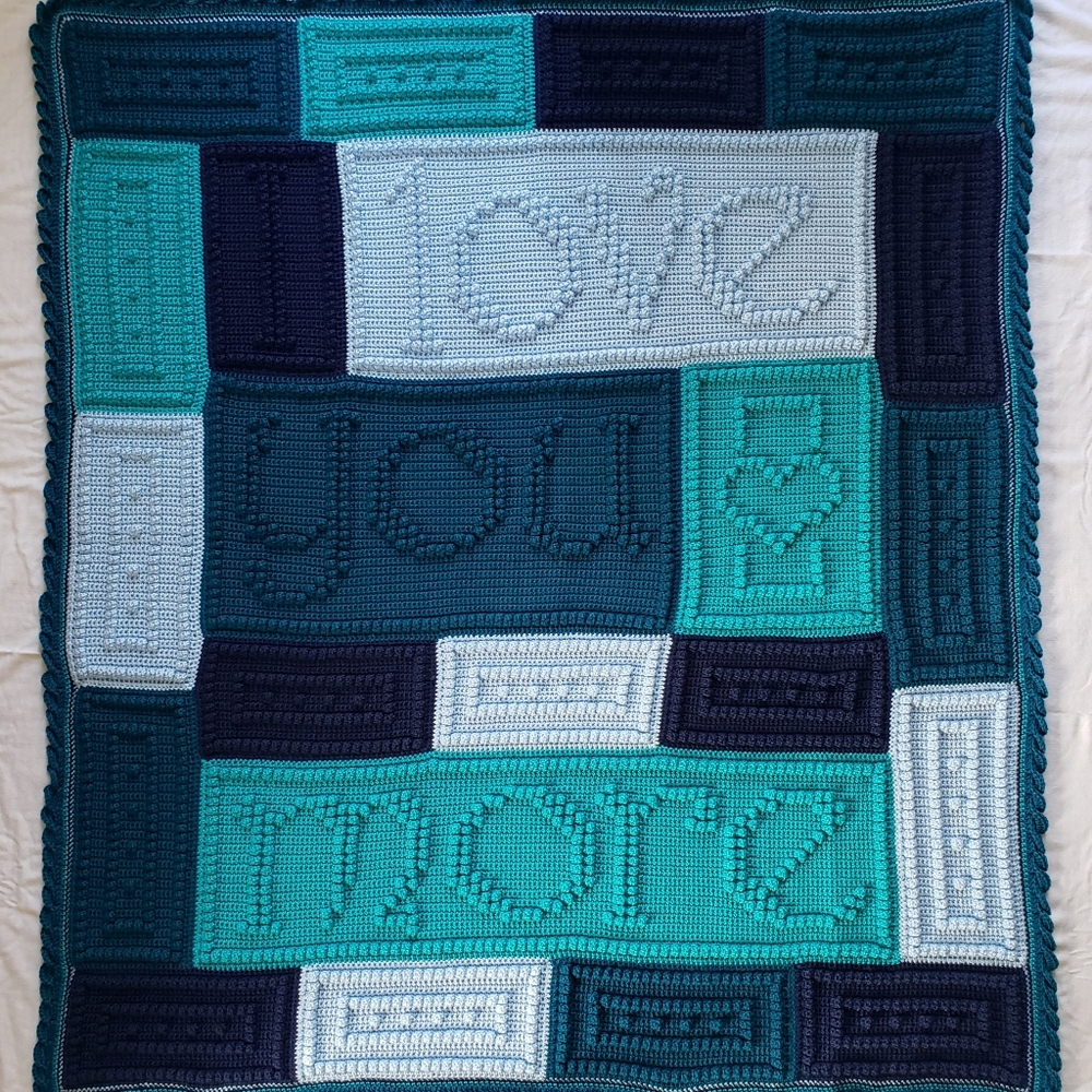I Love You More with teal border Crocheted Wordghan Afghan Throw Hand Crafted